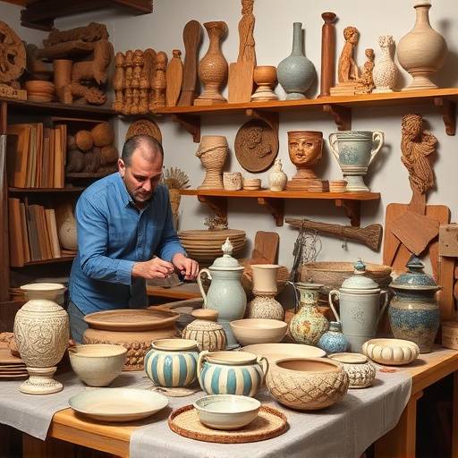 Oggetti di artigianato italiano, come ceramiche e sculture in legno